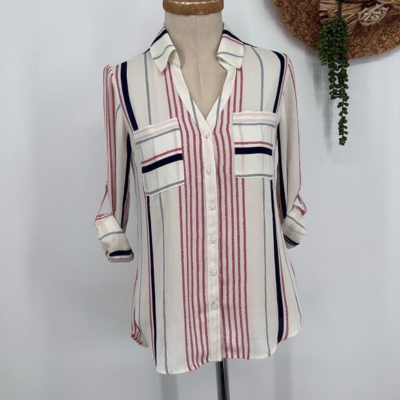Express Women's Fortofino Shirt Slim Fit Long Roll Tab Sleeve Cream multi Stripe - Picture 2 of 14